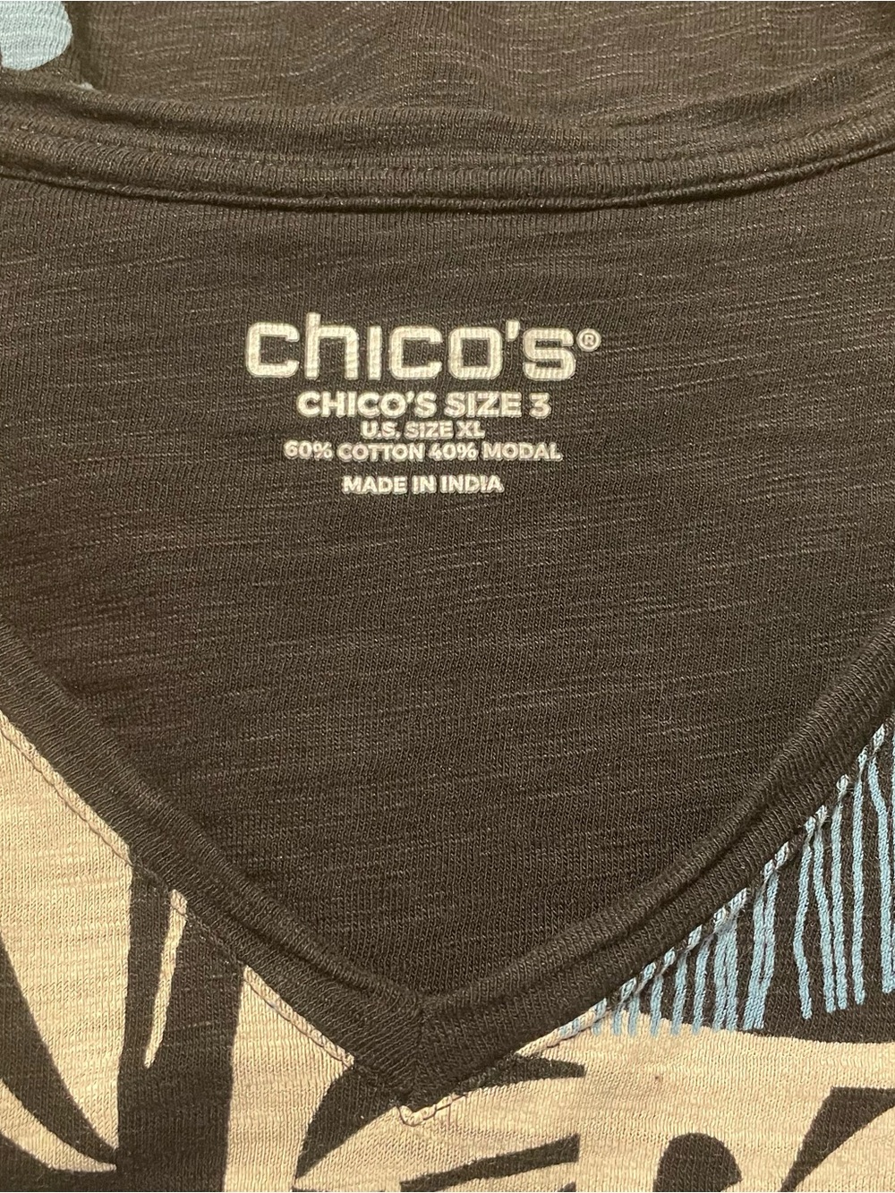 Chico's Abstract Tropical V-Neck Puff SleeveTop Black & Multicolor Leaf Print XL - Picture 7 of 8